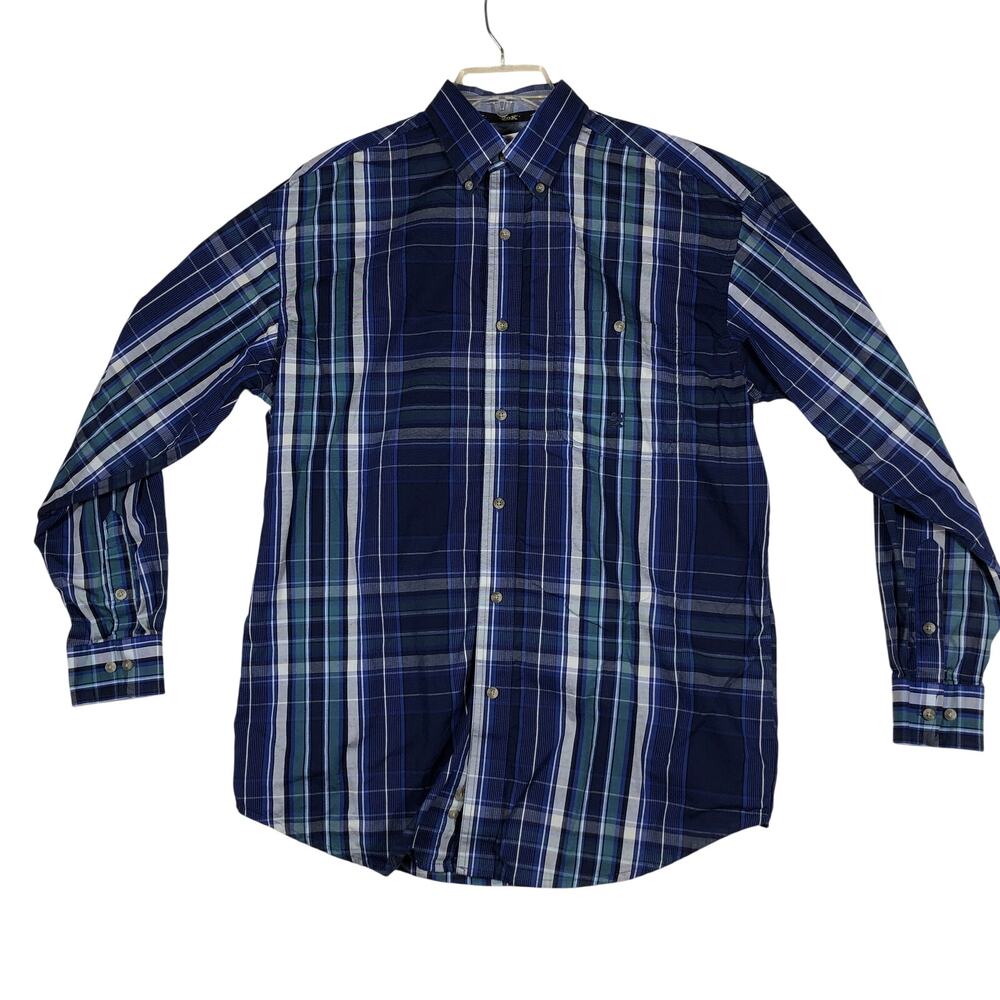 Twenty X Wrangler Mens Medium Shirt Plaid Blue White Cotton LS Button Down